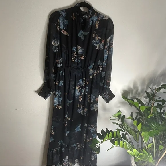 Baltic Born Luciana Floral High Neck Long Sleeve Maxi Dress Black Blue Sz Large - Picture 10 of 15